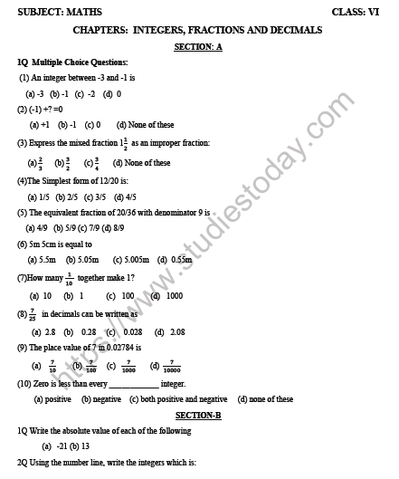 CBSE Class 6 Mathematics Integers Worksheet Set A